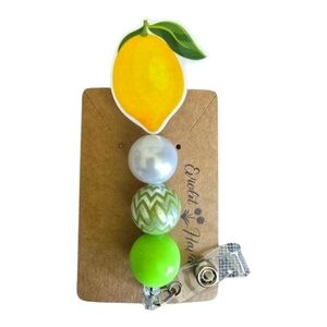 Lemon Fruit Green Yellow Beaded Retractable Name Badge ID Reel Holder